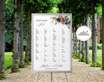 SIA - Editable Wedding Seating Chart Template, Orange and Blue Floral Seating Plan Poster, Large Printable Alphabetical Guests List, W208