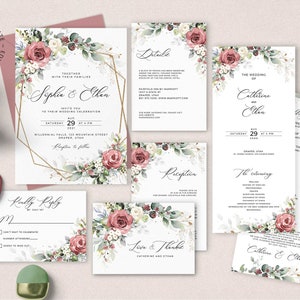 KIRA - Gold Geometric Wedding Invitation Set, INSTANT DOWNLOAD, White and Desert Rose Invite Template Bundle, Invites suite, W02