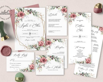 May include: A set of wedding invitation cards with a floral design. The cards are white with gold accents and feature pink and white flowers. The text on the cards reads "Sophia & Ellen" and "The Wedding of Catherine and Ellen".
