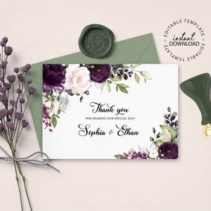 Bearbeitbare Dankeskartenvorlage, SOFORTIGER DOWNLOAD, Flach oder Falten, Lila und Blassrosa Blumen Dankeskarten für Hochzeit oder Dusche, W129