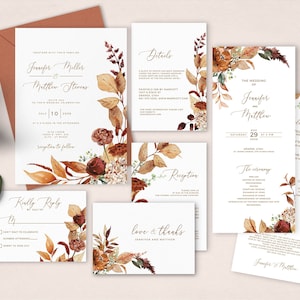 SCARLETT - Editable Fall Floral Wedding Invitation Set, INSTANT DOWNLOAD, Burnt Orange Wedding Invite Template Bundle, Invites suite, W89