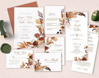 SCARLETT - Editable Fall Floral Wedding Invitation Set, INSTANT DOWNLOAD, Burnt Orange Wedding Invite Template Bundle, Invites suite, W89