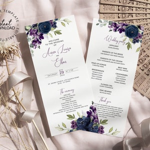 May include: Purple and blue floral wedding program with a watercolor design. The program includes the wedding ceremony details, wedding party names, and a thank you message.