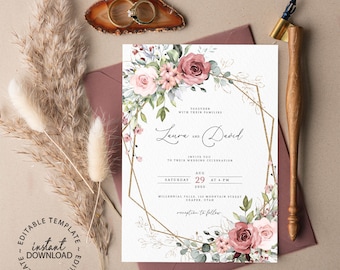 THEA- Editable Blush and Desert Rose Floral Wedding Invitation, INSTANT DOWNLOAD, Floral and Geometric Faux Gold Invitation Template, W25