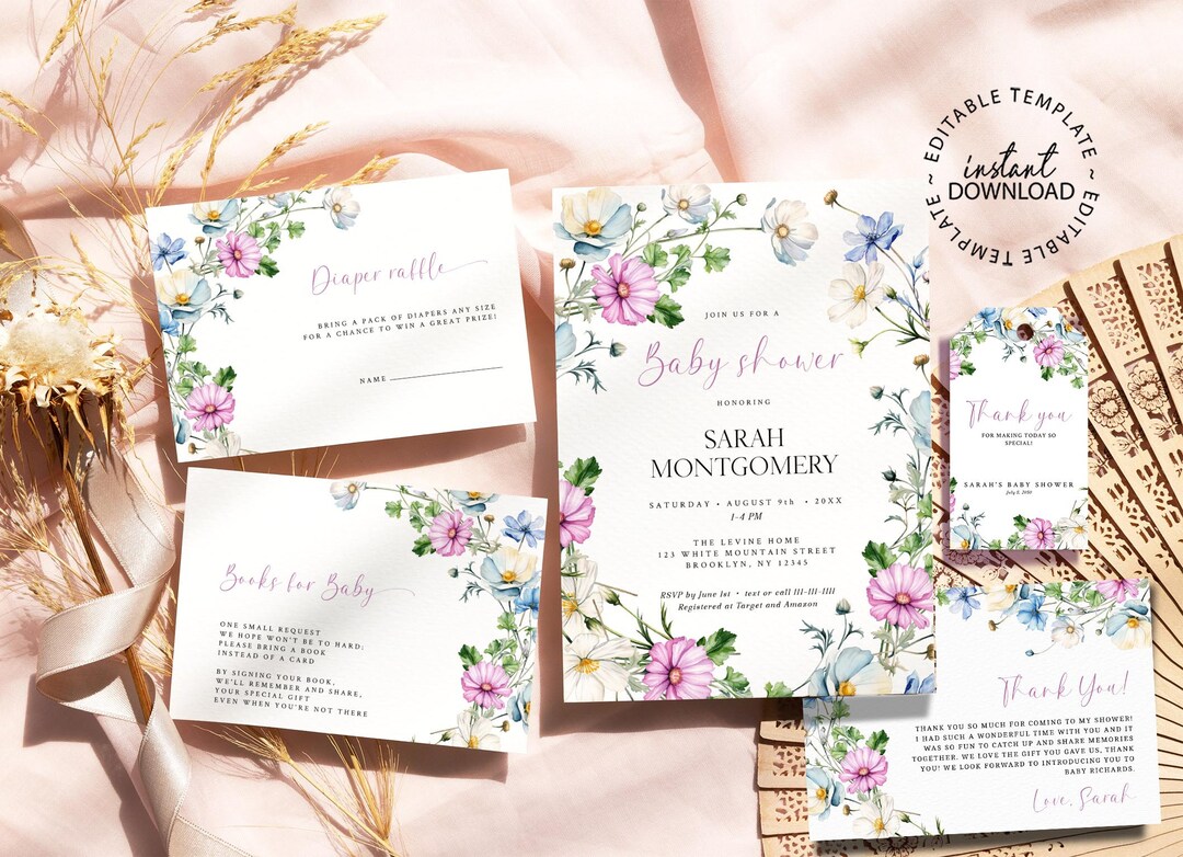 Editable Floral Baby Shower Invitation Set, Printable Baby Shower ...