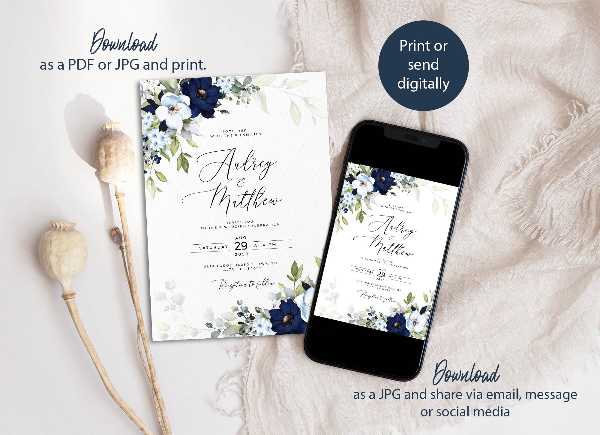 CHLOE - Pale Blue and Navy Floral Wedding Invitation Set