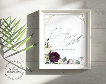 Purple Floral Wedding Sign Template, Editable Cards and Gifts Sign, INSTANT DOWNLOAD, Dark Mauve and Gold Wedding Gifts Signs, W102