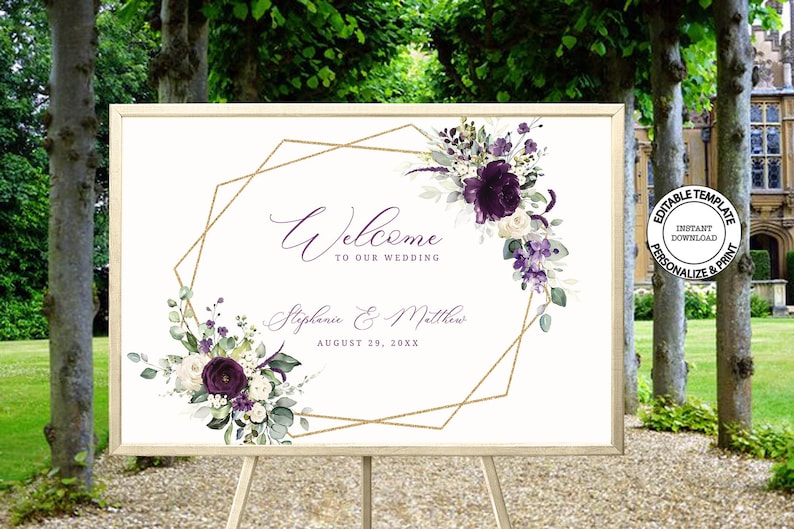 Purple and Gold Wedding Welcome Sign Template INSTANT - Etsy