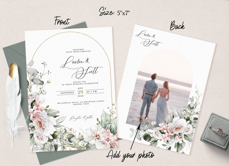 May include: A wedding invitation with a floral design in shades of pink and green. The invitation is 5 inches by 7 inches and features a gold arch with the couple's names, "Leeter & Fatt", and wedding details. The back of the invitation has a space for a photo and the couple's names.