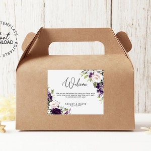 ELLIE - Editable Wedding Welcome Bag Label Template, Purple Floral Welcome Sticker, Hotel Guest Bag Label, Printable, INSTANT DOWNLOAD, W129