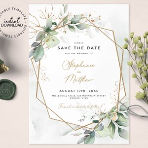 MEIRA - Greenery Geometric Save the Date Template, Editable Faux Gold Save the Date Card, Foliage Save the Date, Printable, W154