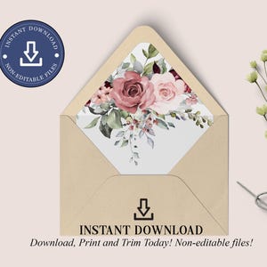 THEA - Floral A7 Wedding Envelope Liner Template with Pink Roses, A7 Euro Flap Envelopes Liners, Printable A7 Square Envelope Liners, W25