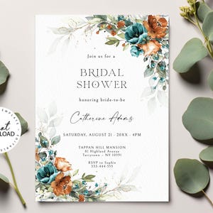 Bridal Shower Invitation Template, Teal Green and Burnt Orange Editable Bridal Shower Invite, INSTANT DOWNLOAD, Printable, W277