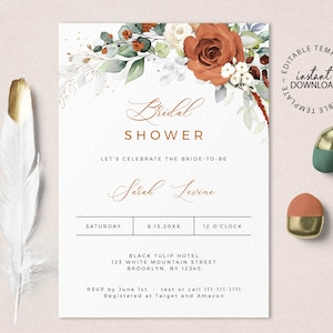 LYRA Bridal Shower Invitation, Editable Burnt Orange Bridal Shower Invite, INSTANT DOWNLOAD, Terracotta Floral Shower Invites, W179 image 1