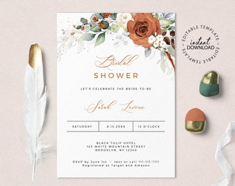 LYRA - Bridal Shower Invitation, Editable Burnt Orange Bridal Shower Invite, INSTANT DOWNLOAD, Terracotta Floral Shower Invites, W179