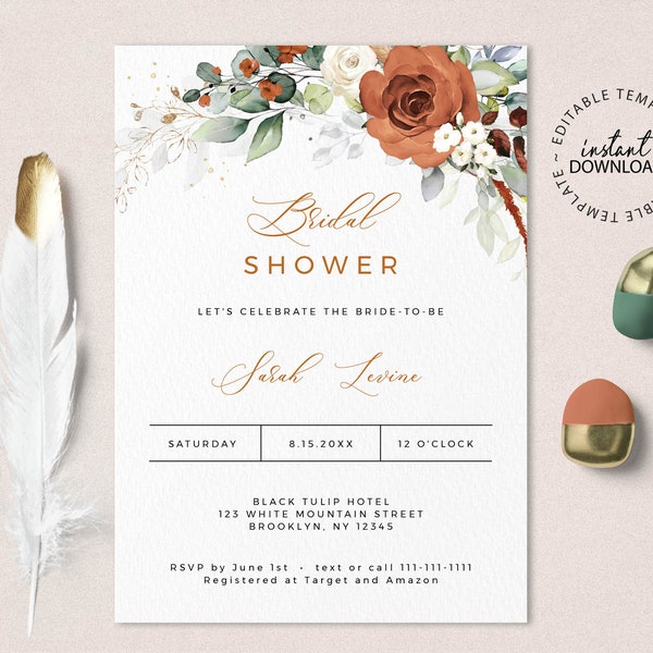 LYRA - Bridal Shower Invitation, Editable Burnt Orange Bridal Shower Invite, INSTANT DOWNLOAD, Terracotta Floral Shower Invites, W179