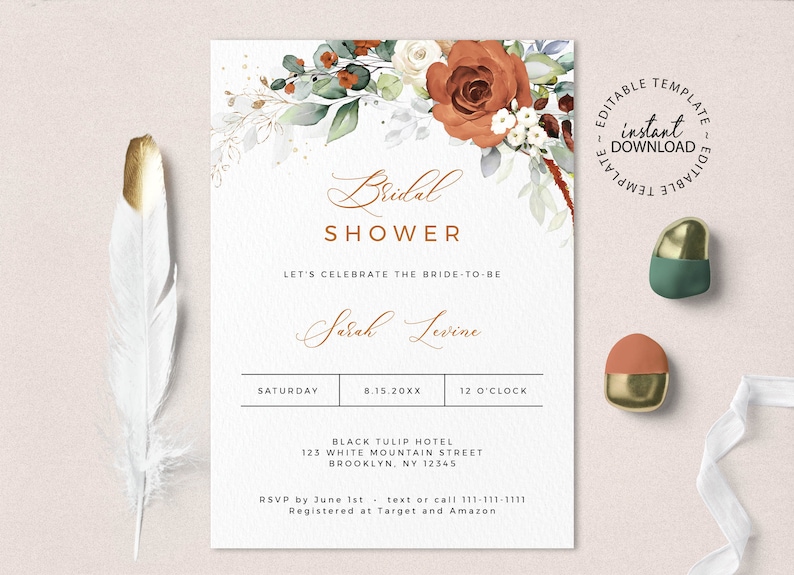 LYRA Bridal Shower Invitation, Editable Burnt Orange Bridal Shower Invite, INSTANT DOWNLOAD, Terracotta Floral Shower Invites, W179 image 1