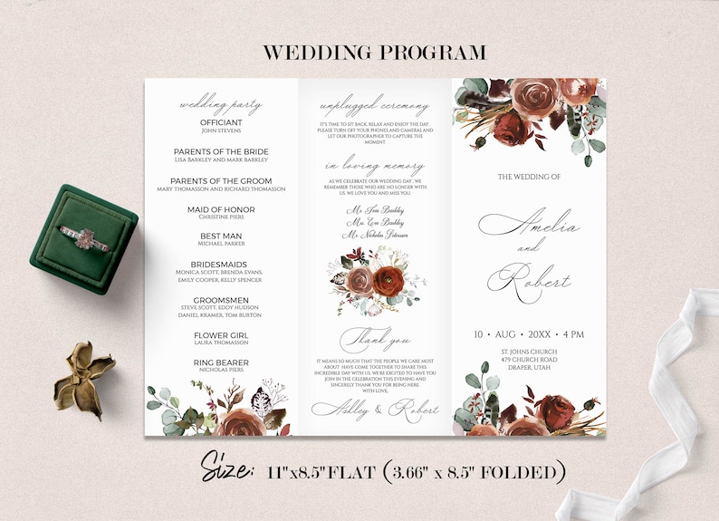Editable Wedding Program Template, INSTANT DOWNLOAD, Fall Floral Catholic Folded Program, Burnt Orange and Rust Wedding Schedule , W151 bild 2