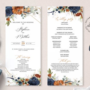 SIA - Editable Floral Wedding Program Template, INSTANT DOWNLOAD,  Burnt Orange and Blue Program, Catholic Church Ceremony Order, W208