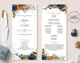 SIA - Editable Floral Wedding Program Template, INSTANT DOWNLOAD,  Burnt Orange and Blue Program, Catholic Church Ceremony Order, W208