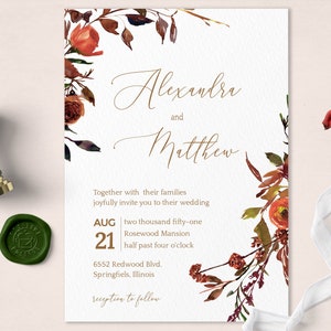 May include: Wedding invitation with a watercolor floral design in shades of orange, red, and brown. The invitation reads "Alexandra and Matthew" with the wedding date and time: "AUG 21 two thousand fifty-one Rosewood Mansion half past four o'clock".