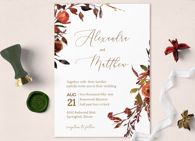 May include: Wedding invitation with a watercolor floral design in shades of orange, red, and brown. The invitation reads "Alexandra and Matthew" with the wedding date and time: "AUG 21 two thousand fifty-one Rosewood Mansion half past four o'clock".