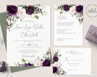 Wedding Invitation Printable pumpkin Wedding Glitter Confetti Gold plum Wedding Purple Fall Wedding Invitation instant download idw2