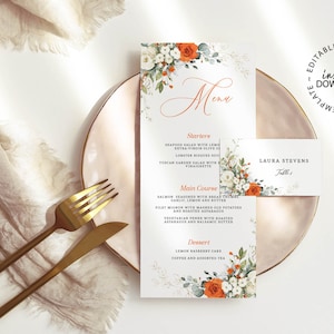Editable Floral Wedding Menu and Name Card Set, Orange and White Menu Template, INSTANT DOWNLOAD, Printable Place Cards, Guest Cards, W230