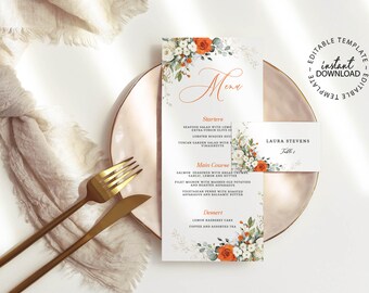 Editable Floral Wedding Menu and Name Card Set, Orange and White Menu Template, INSTANT DOWNLOAD, Printable Place Cards, Guest Cards, W230