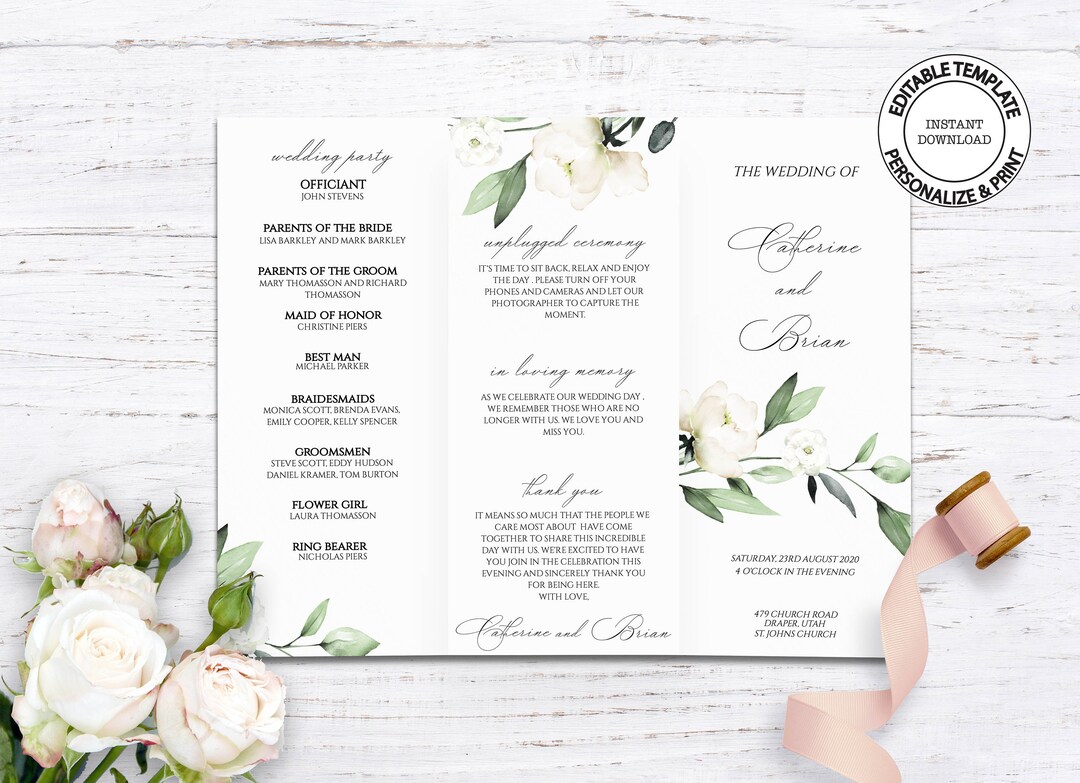 Trifold Wedding Program, Editable Template, Instant Download, White