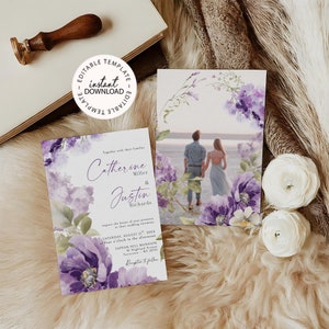 Editable Purple Floral Wedding Invitation Template, INSTANT DOWNLOAD, Lilac Floral Wedding Invite, Printable, 5x7, W276