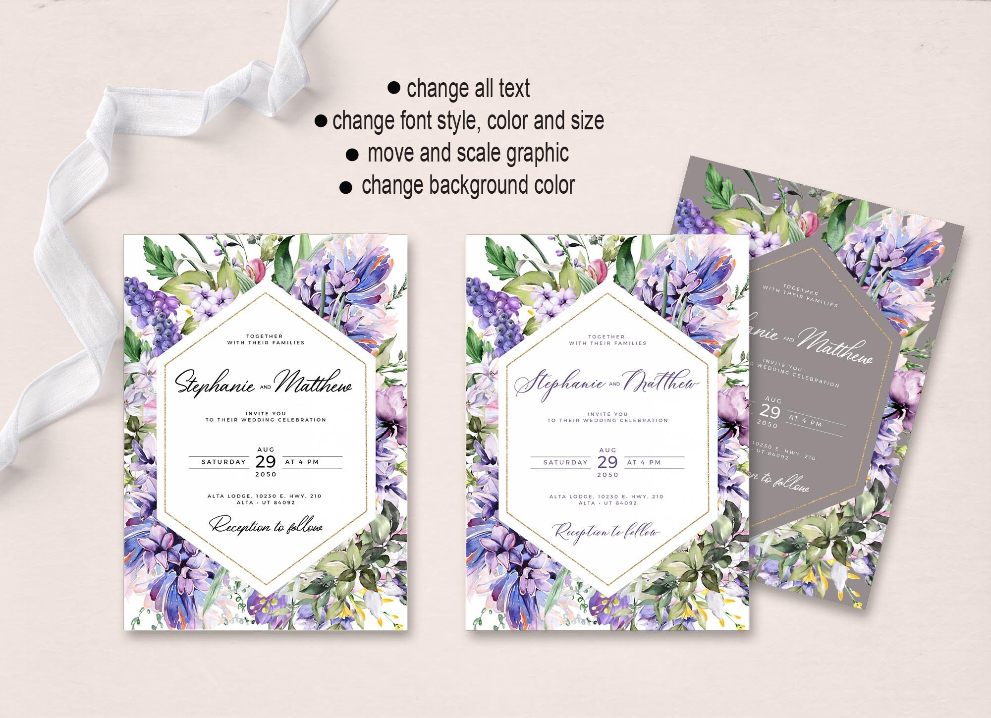 Editable Lilac Floral Wedding Invitation Template INSTANT Etsy