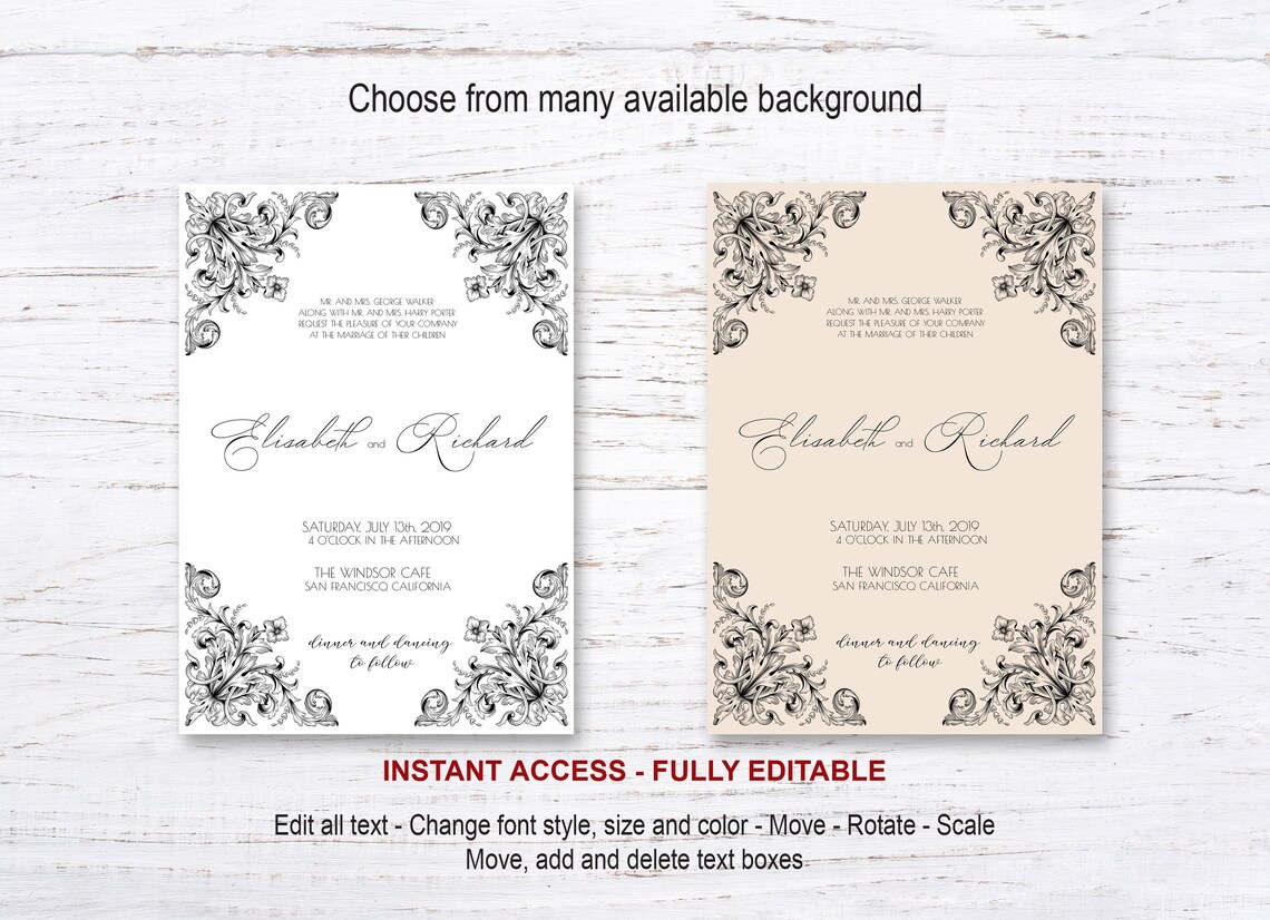 Victorian Style Wedding Invitation Template Editable Vintage Etsy