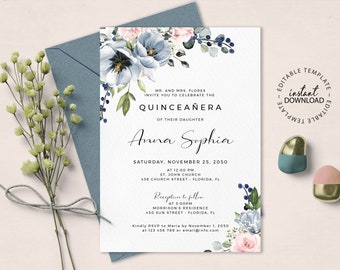 Op de afbeelding: Een blauwe en roze bloemen Quinceañera-uitnodiging met de tekst "MR. AND MRS. FLORES INVITE YOU TO CELEBRATE THE QUINCEAÑERA OF THEIR DAUGHTER Anna Sophia SATURDAY, NOVEMBER 25, 2050 AT 12:00 PM ST. JOHN CHURCH 456 CHURCH STREET FLORIDA, FL Reception to follow AT 3:00PM MORRISON'S RESIDENCE 450 SUN STREET FLORIDA, FL Kindly RSVP to Maria by November 1, 2050 at 123 456 789 or email@info.com"