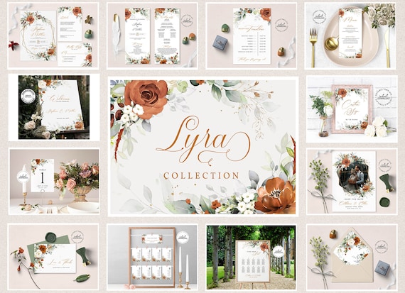 LYRA - Burnt Orange Wedding Invitation Set, Rust Orange Invitation Bundle, INSTANT DOWNLOAD, Terracotta Floral Wedding Invite Template, W179