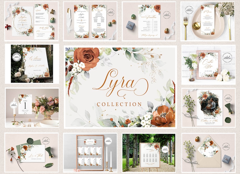 May include: A collection of wedding stationery featuring a floral design with rust, white, and green colors. The collection includes invitations, save the dates, menus, table numbers, and more. The text "Lyra Collection" is featured on the image.