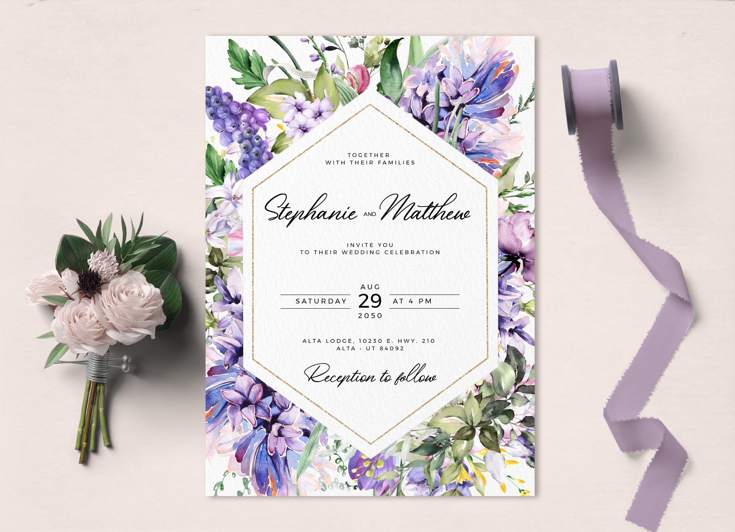 Editable Lilac Floral Wedding Invitation Template INSTANT Etsy