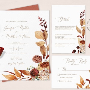 SCARLETT - Fall Floral Wedding Invitation Set, Editable Burnt Orange and Rust Flowers Wedding Invite, INSTANT DOWNLOAD,  Autumn invites, W89