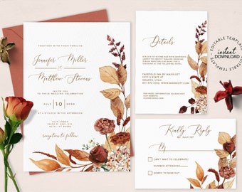 SCARLETT - Fall Floral Wedding Invitation Set, Editable Burnt Orange and Rust Flowers Wedding Invite, INSTANT DOWNLOAD,  Autumn invites, W89
