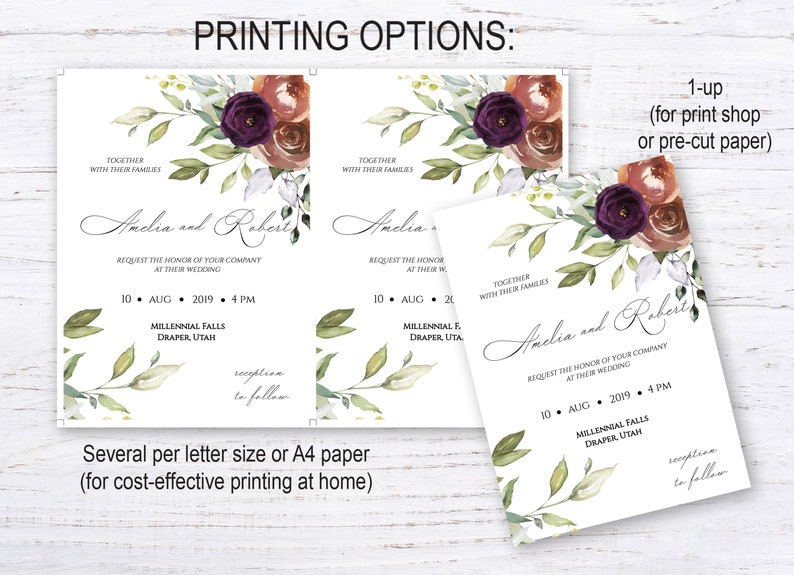 Fall floral wedding invitation W72 Watercolour greenery and roses invitation set Autumn floral invitation Editable template
