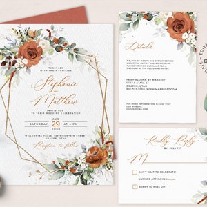 May include: A wedding invitation suite with a geometric gold frame and watercolor floral design in shades of orange, white, and green. The invitation includes the couple's names, wedding date, time, and location. The RSVP card includes a "Kindly Reply" message and a section for guests to indicate their attendance.