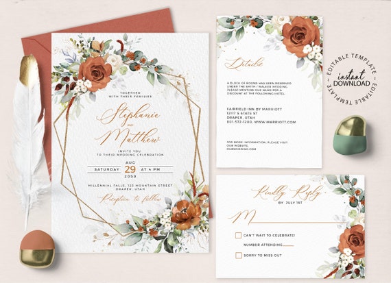 LYRA Editable Burnt Orange Wedding Invitation Set INSTANT - Etsy