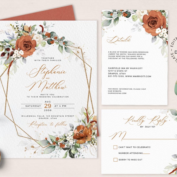 LYRA - Editable Burnt Orange Wedding Invitation Set, INSTANT DOWNLOAD, Terracotta Floral Wedding Invite Template Suite, W179