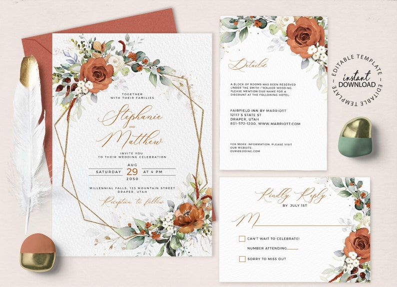 May include: A wedding invitation suite with a geometric gold frame and watercolor floral design in shades of orange, white, and green. The invitation includes the couple's names, wedding date, time, and location. The RSVP card includes a "Kindly Reply" message and a section for guests to indicate their attendance.