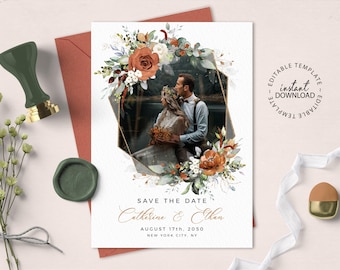 LYRA - Burnt Orange and White Floral Save the Date, Editable Photo Save the Date Template, Terracotta Save the Dates, INSTANT DOWNLOAD, W179