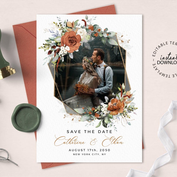 LYRA - Burnt Orange and White Floral Save the Date, Editable Photo Save the Date Template, Terracotta Save the Dates, INSTANT DOWNLOAD, W179