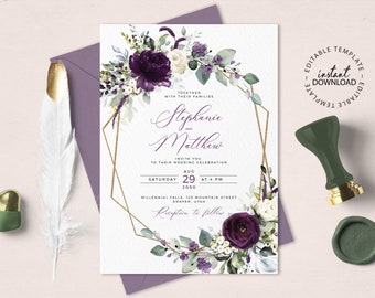 Editable Purple Wedding Invitation Template, INSTANT DOWNLOAD, Floral Plum and White Wedding Invite, Printable Dark Violet Invites, W102