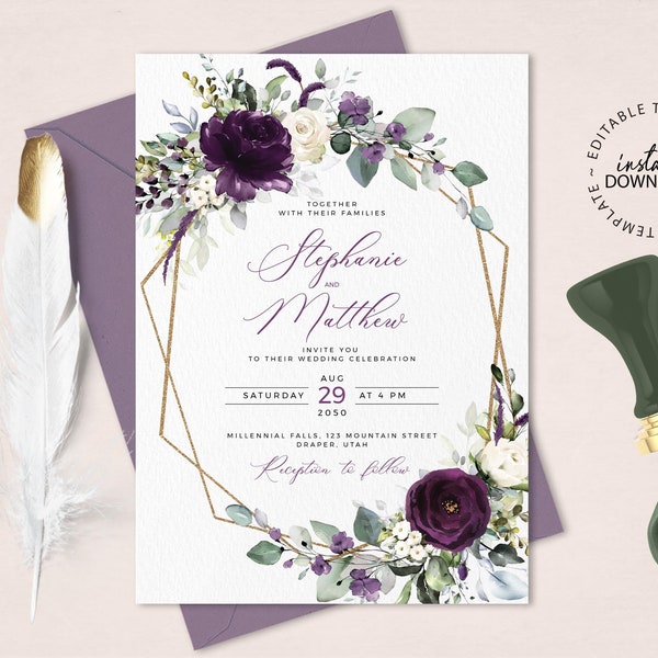 Editable Purple Wedding Invitation Template, INSTANT DOWNLOAD, Floral Plum and White Wedding Invite, Printable Dark Violet Invites, W102