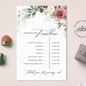 May include: A printable wedding reception timeline template with a floral design featuring blush pink and white flowers with greenery. The text reads "Reception Timeline" and lists the events of the reception with times.