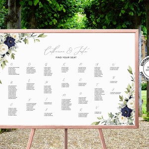 RHEA - Editable Alphabetical Seating Chart Template, Navy Blue and White Floral Wedding Seating Plan Poster, INSTANT DOWNLOAD,  W54